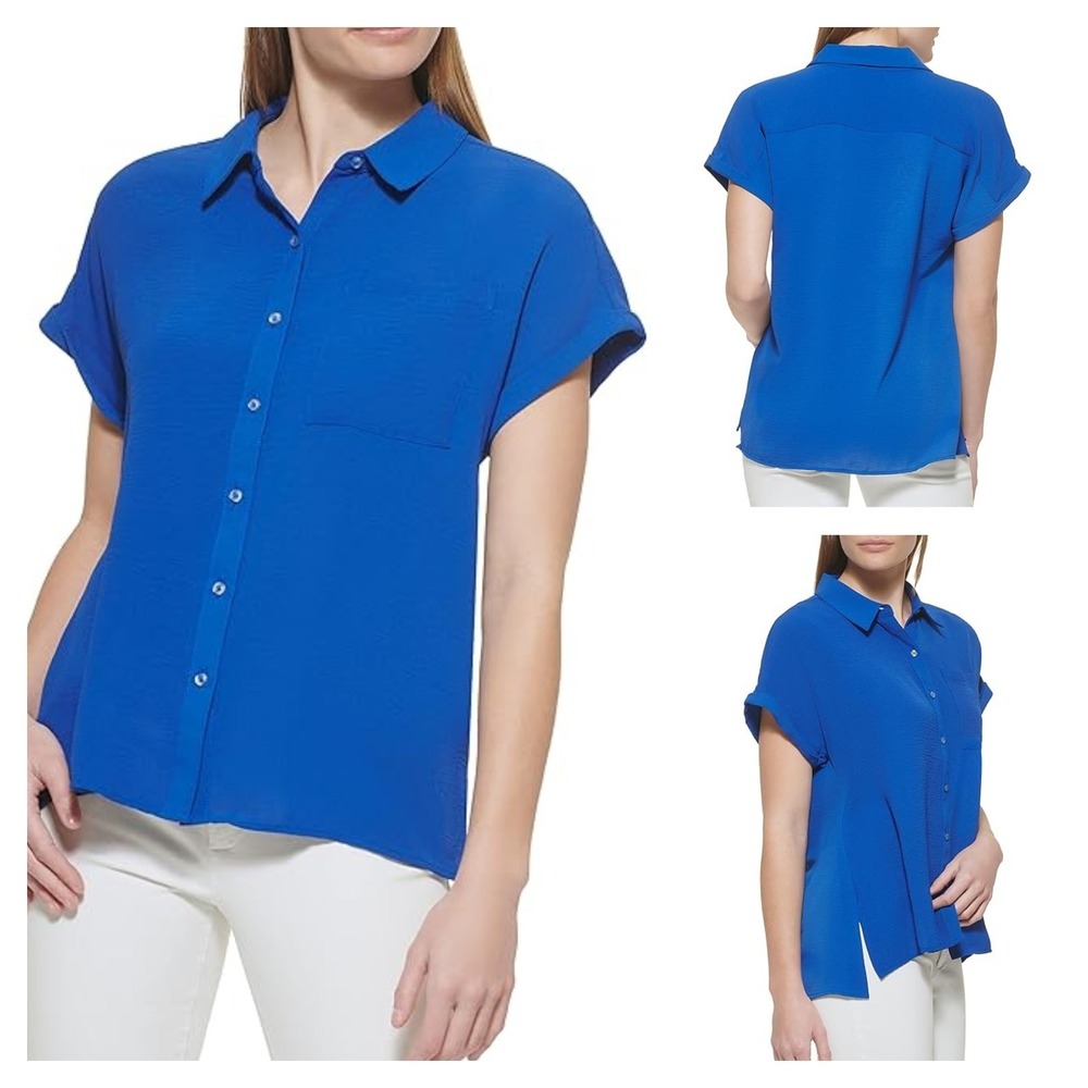 Calvin Klein Button-Up Shirt Womens Blue Crinkle Short Sleeve Classic Collared